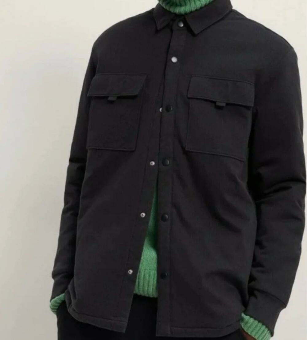 Zara Herringbone Padded Quilted Overshirt Shacket Jacket Black Gray XL Men's